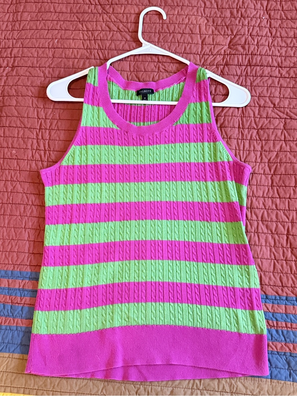 Talbots Pink and Lime Striped Cable-Knit Tank